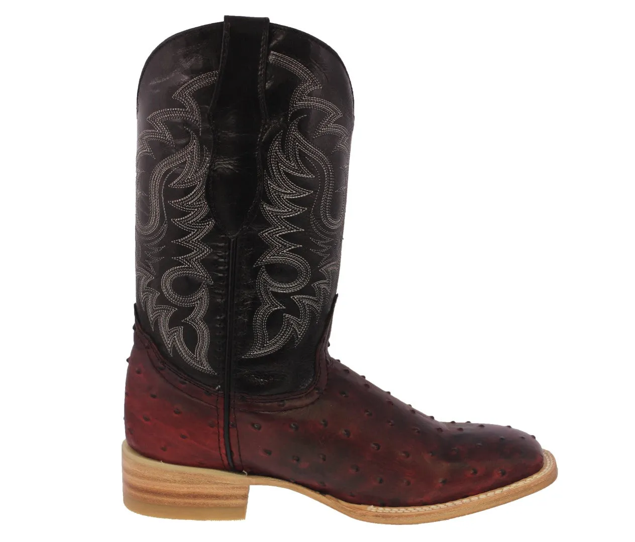 Mens Burgundy Ostrich Quill Print Leather Cowboy Boots - Square Toe