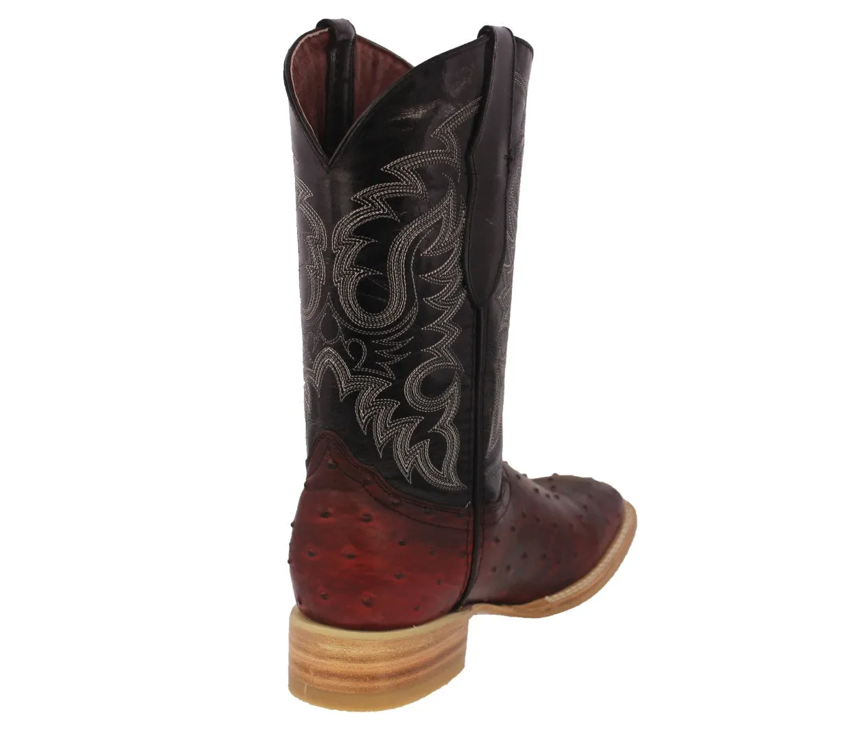 Mens Burgundy Ostrich Quill Print Leather Cowboy Boots - Square Toe