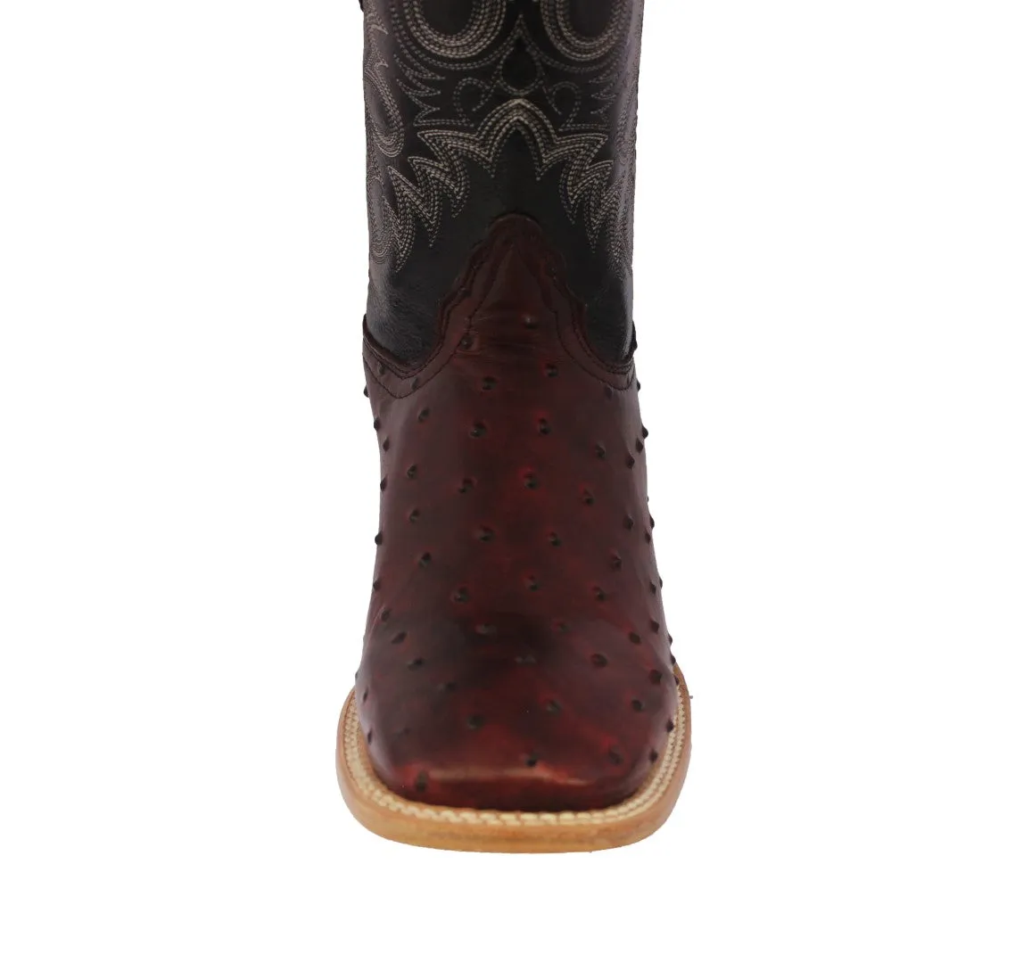 Mens Burgundy Ostrich Quill Print Leather Cowboy Boots - Square Toe