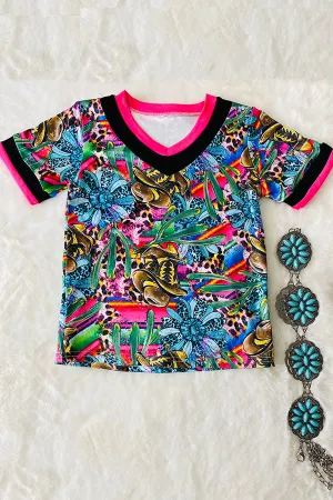 Multicolor western print V-neck short sleeve top DLH1215-26