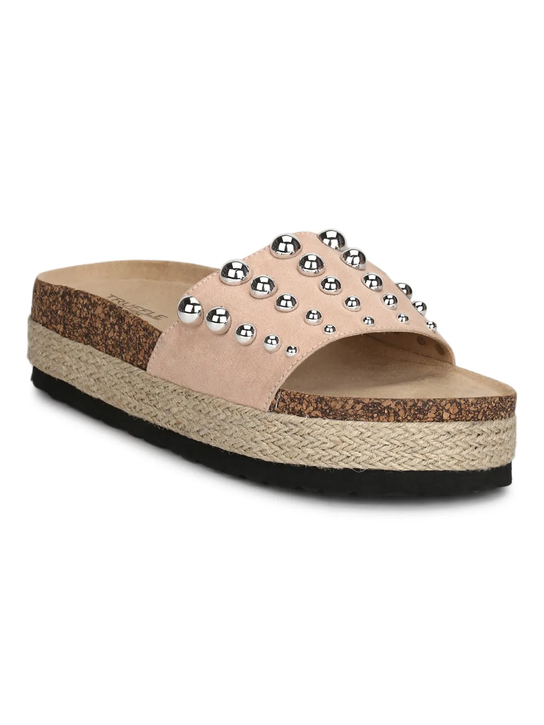 Nude Micro Broad Beaded Strap Flatform Slip-on Wedges