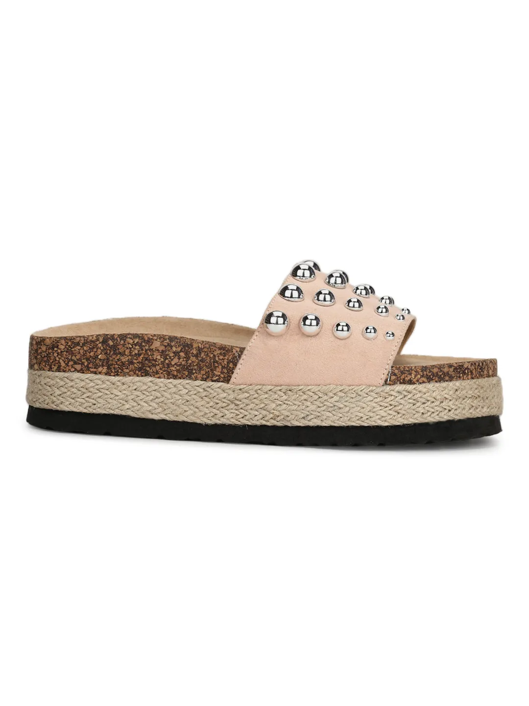 Nude Micro Broad Beaded Strap Flatform Slip-on Wedges