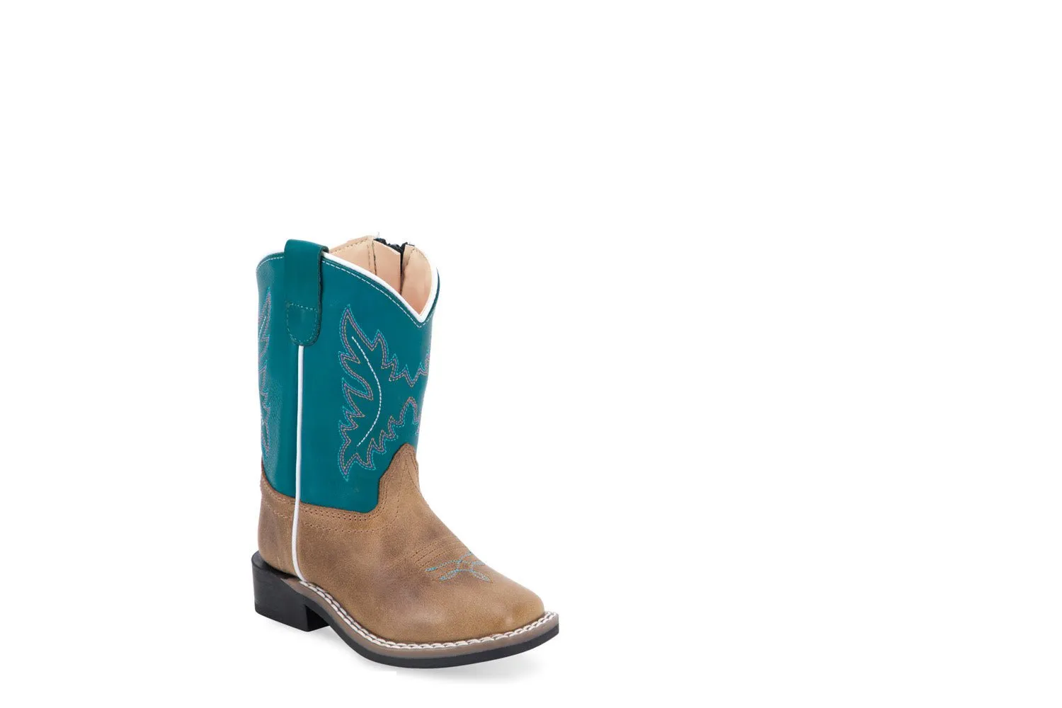 Old West Infant Unisex Broad Square Toe Tan/Turquoise Leather Zip Cowboy Boots