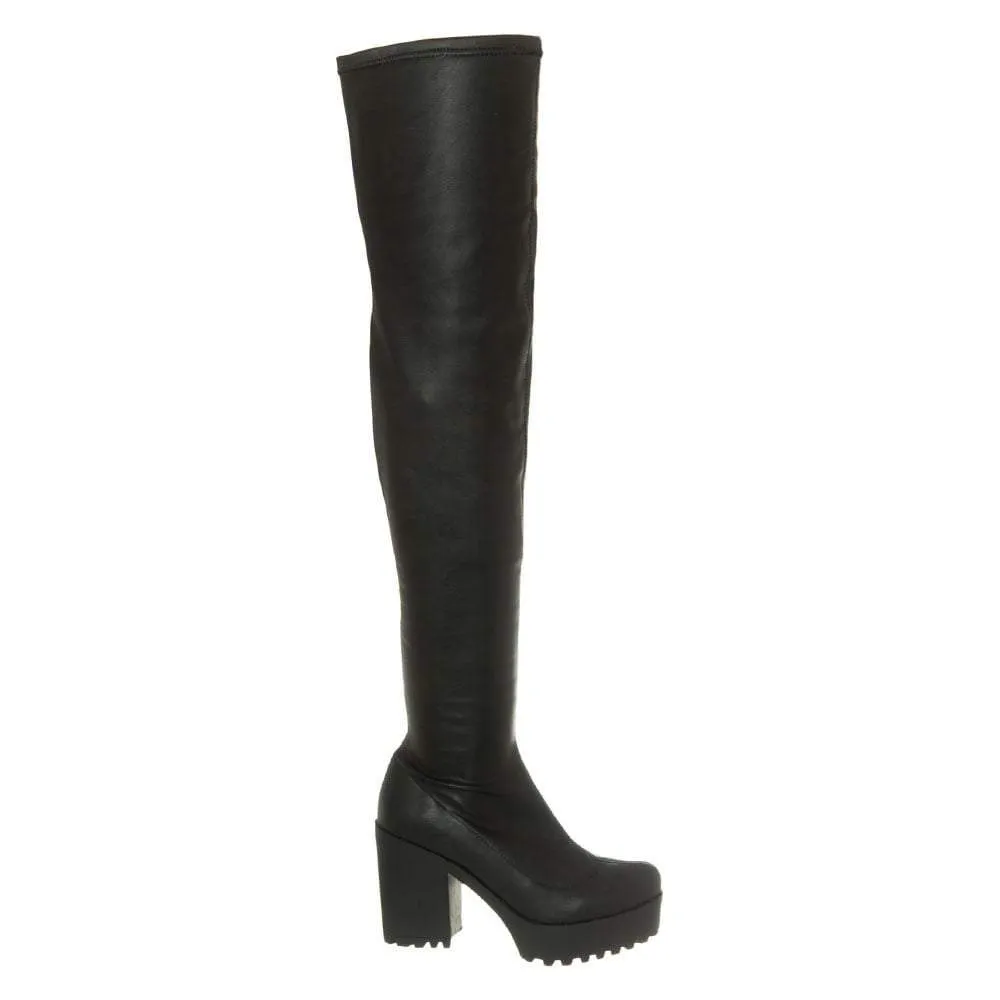 Over The Knee Stretch Fabric Medium Heel And Cleated Platform Sole