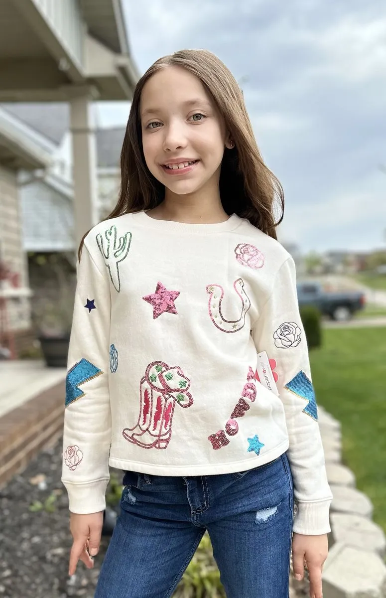 Paper Flower Howdy Sequin and Embroidery Western Icon Sweatshirt