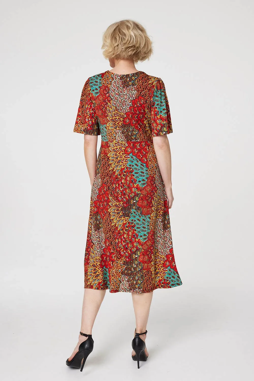 Peacock Print Jersey Midi Dress