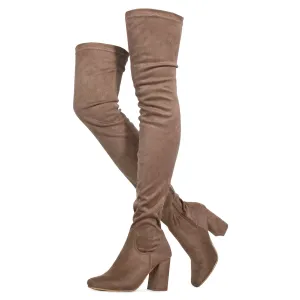 "Regular Calf" Women's Fitted Over The Knee Thigh High Chunky Heel Stretch Boots TAUPE