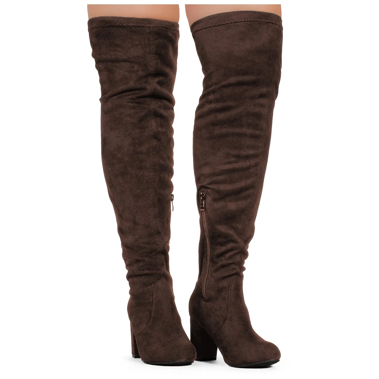 "Wide Calf" Over The Knee Chunky Heel Stretch Boots BROWN