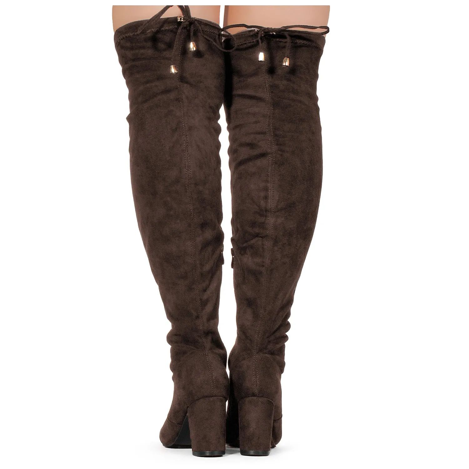 "Wide Calf" Over The Knee Chunky Heel Stretch Boots BROWN