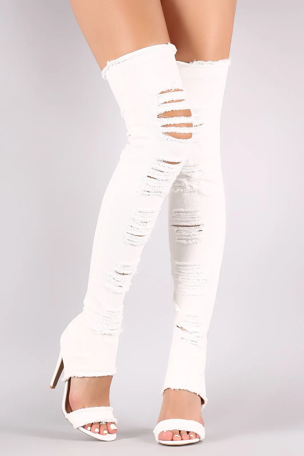 Qupid Distressed Denim Open Toe Over-The-Knee Boots