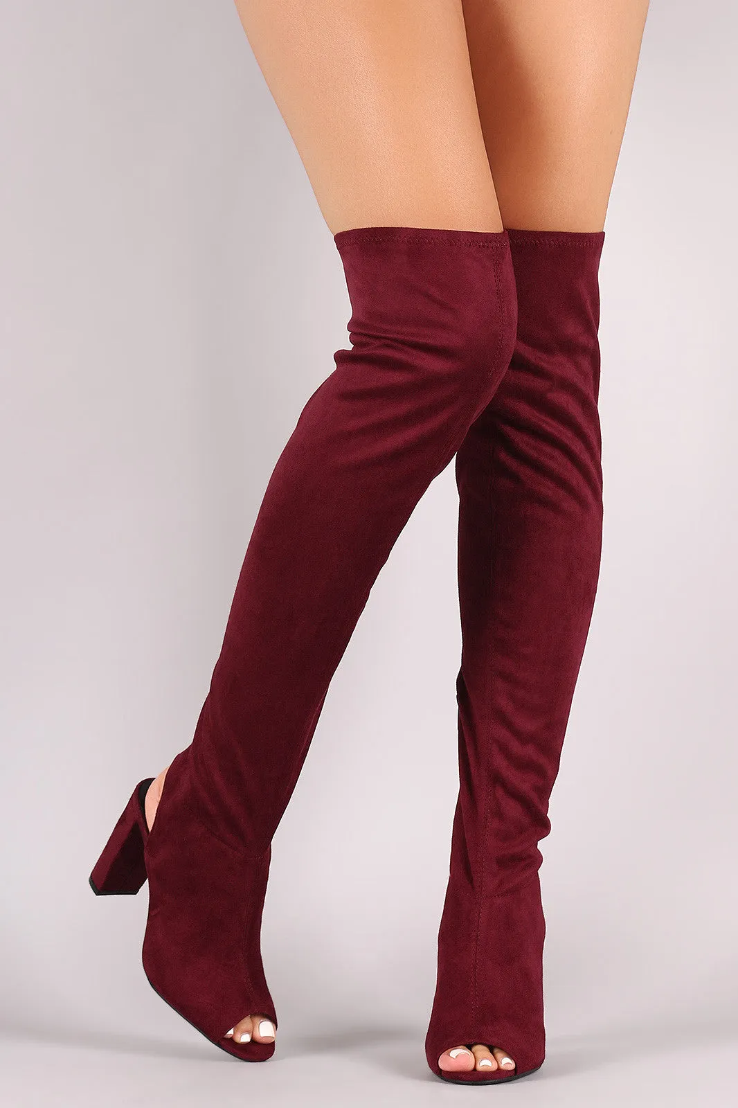 Qupid Stretchy Cutout Chunky Heeled Over-The-Knee Boots