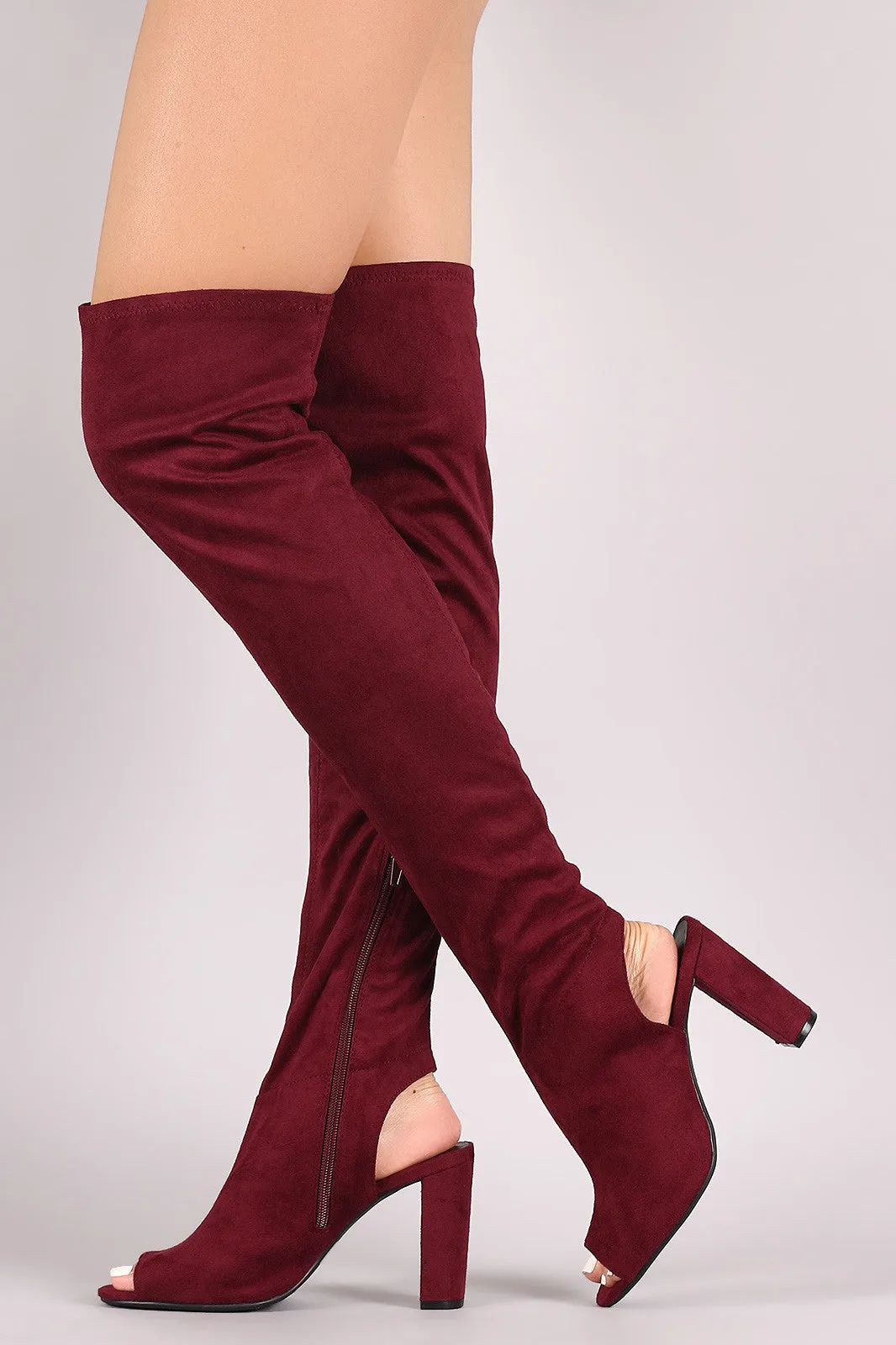 Qupid Stretchy Cutout Chunky Heeled Over-The-Knee Boots