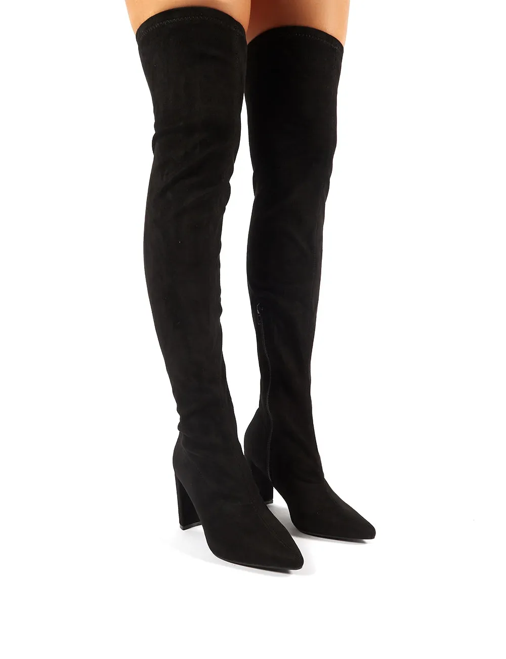 Scorch Black Faux Suede Over the Knee Heeled Boots