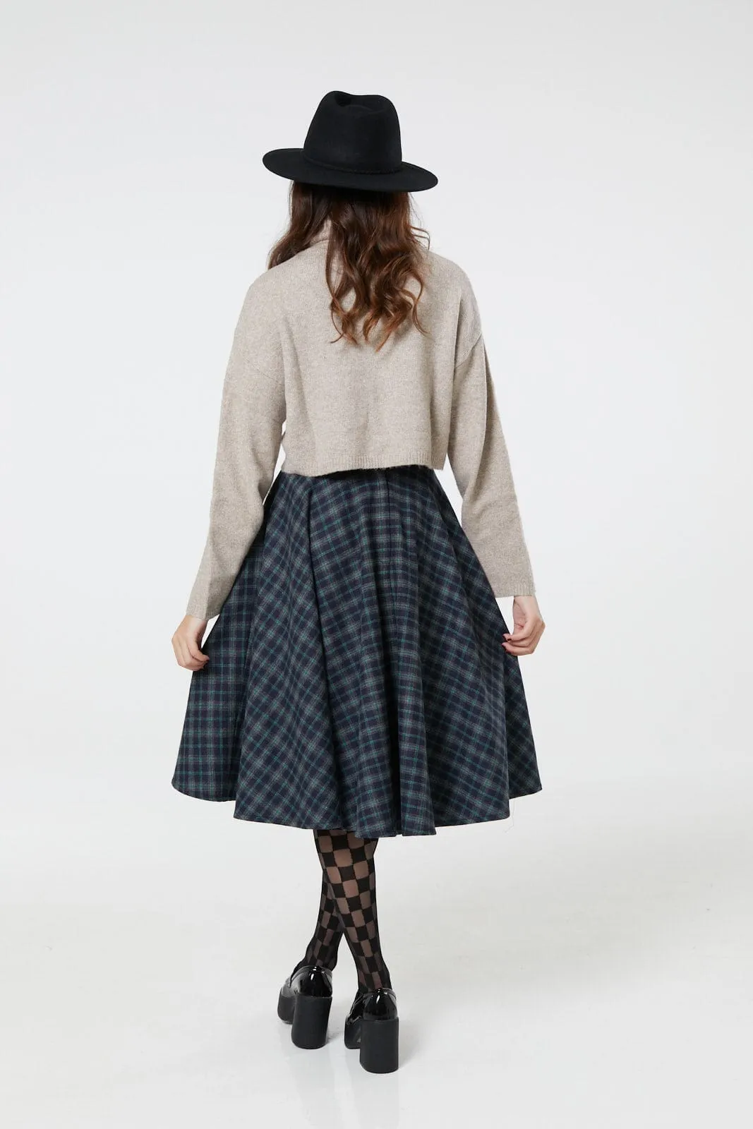 Sophie Blue Ink Woollen Check Tartan Midi Swing Skirt