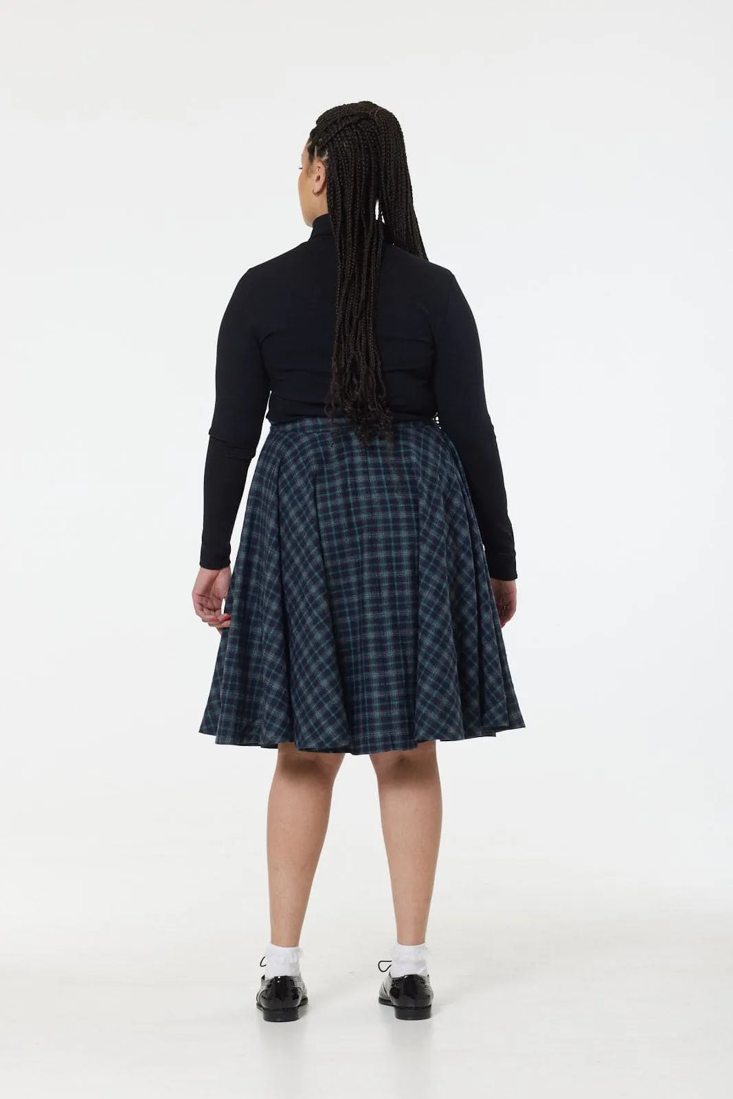 Sophie Blue Ink Woollen Check Tartan Midi Swing Skirt