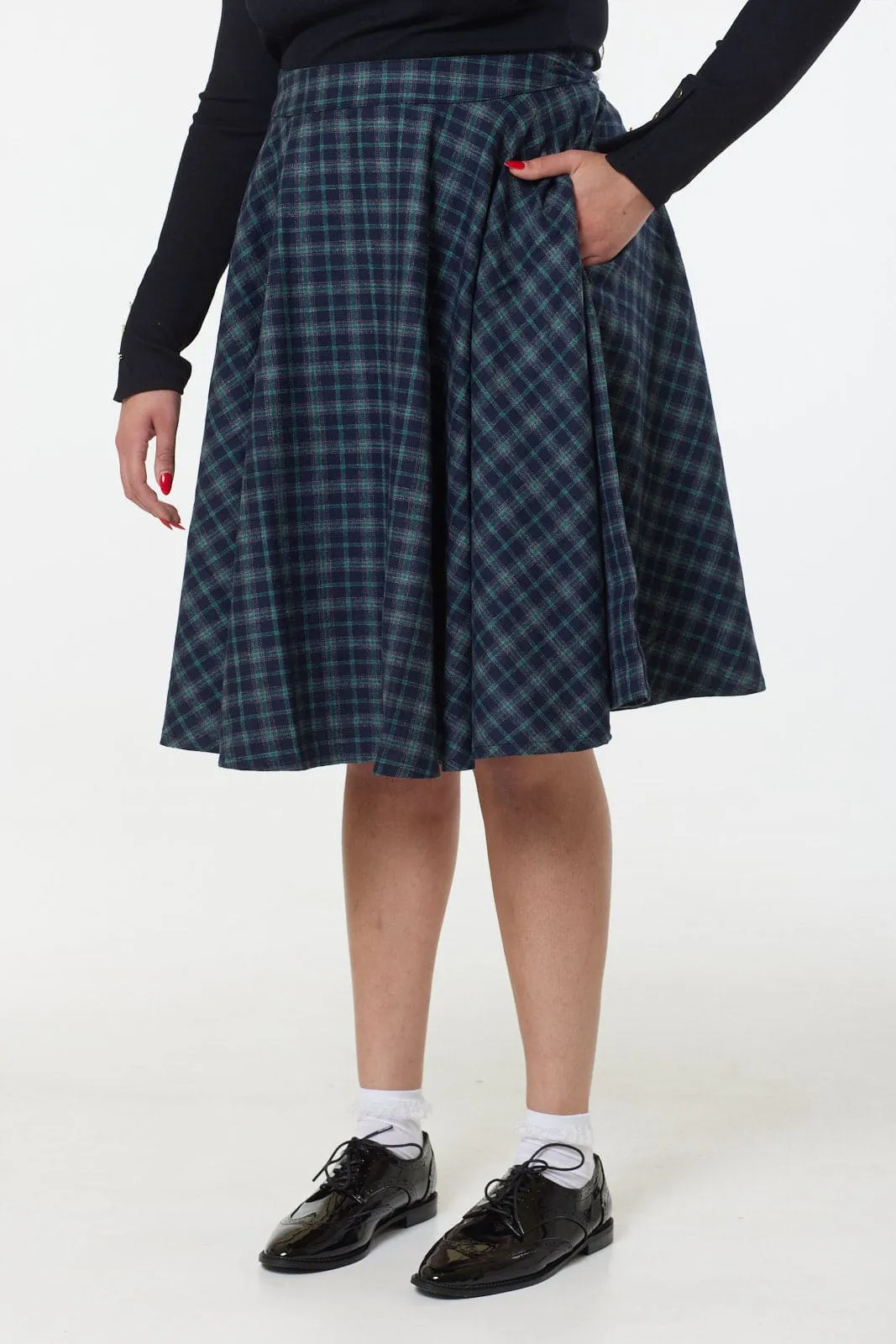 Sophie Blue Ink Woollen Check Tartan Midi Swing Skirt