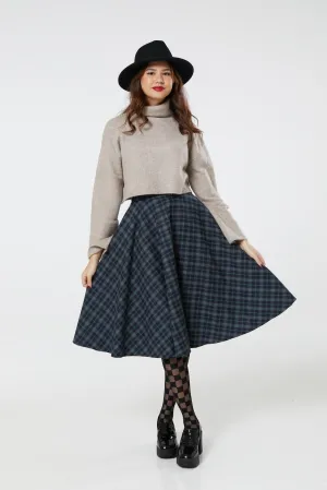 Sophie Blue Ink Woollen Check Tartan Midi Swing Skirt