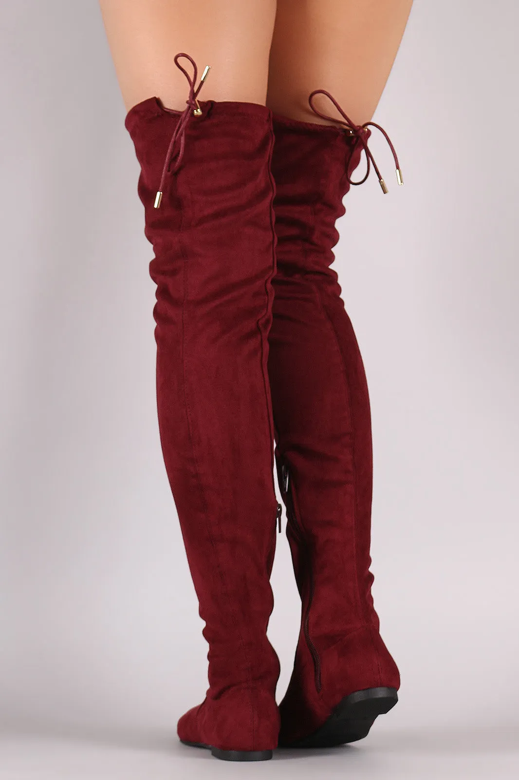 Suede Drawstring Tie Over-The-Knee Flat Boots