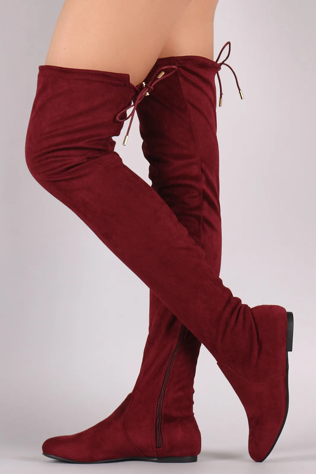 Suede Drawstring Tie Over-The-Knee Flat Boots