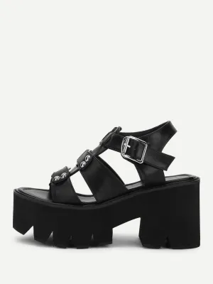 T-strap Buckle Detail Platform Wedges