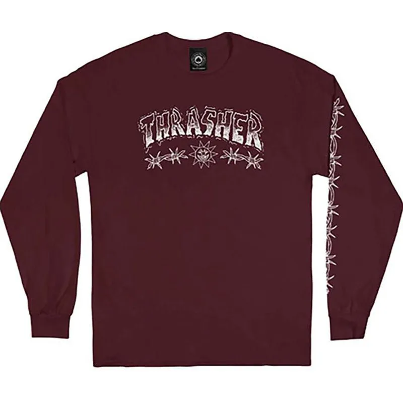 Thrasher Skateboard Magazine BARBED WIRE MAROON Long Sleeve T-Shirts