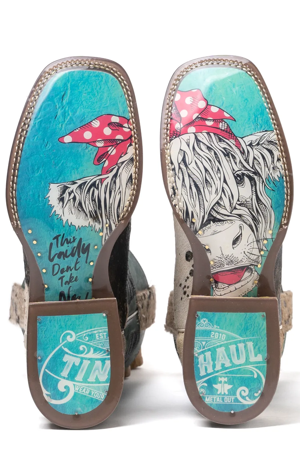 Tin Haul Womens Shaggy Spot White/Turquoise Leather Cowboy Boots