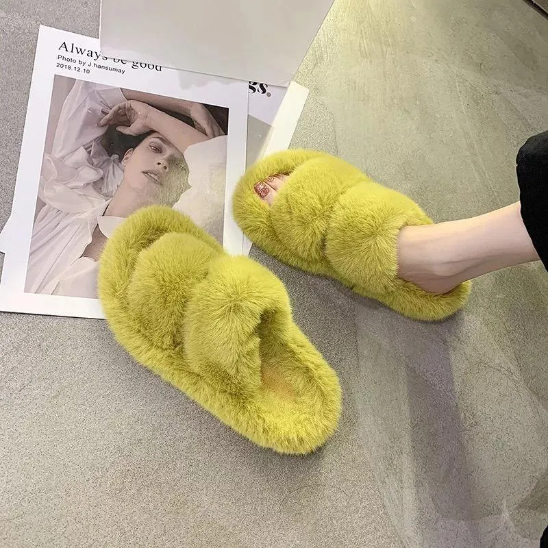 Winter Double Strap Fluffy Slippers