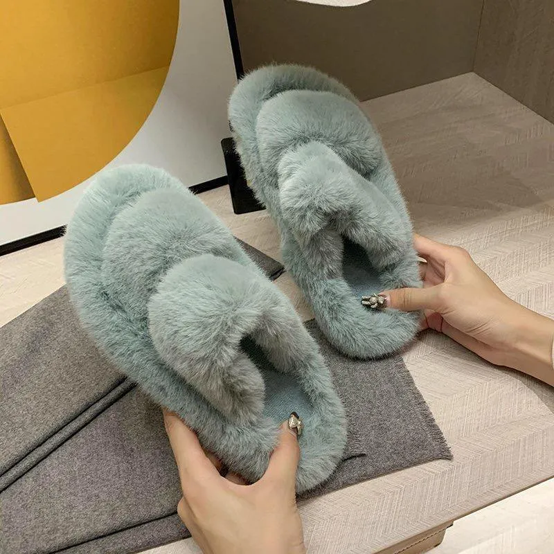 Winter Double Strap Fluffy Slippers