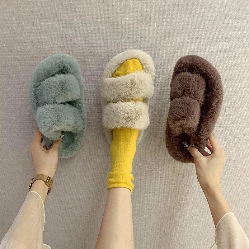 Winter Double Strap Fluffy Slippers