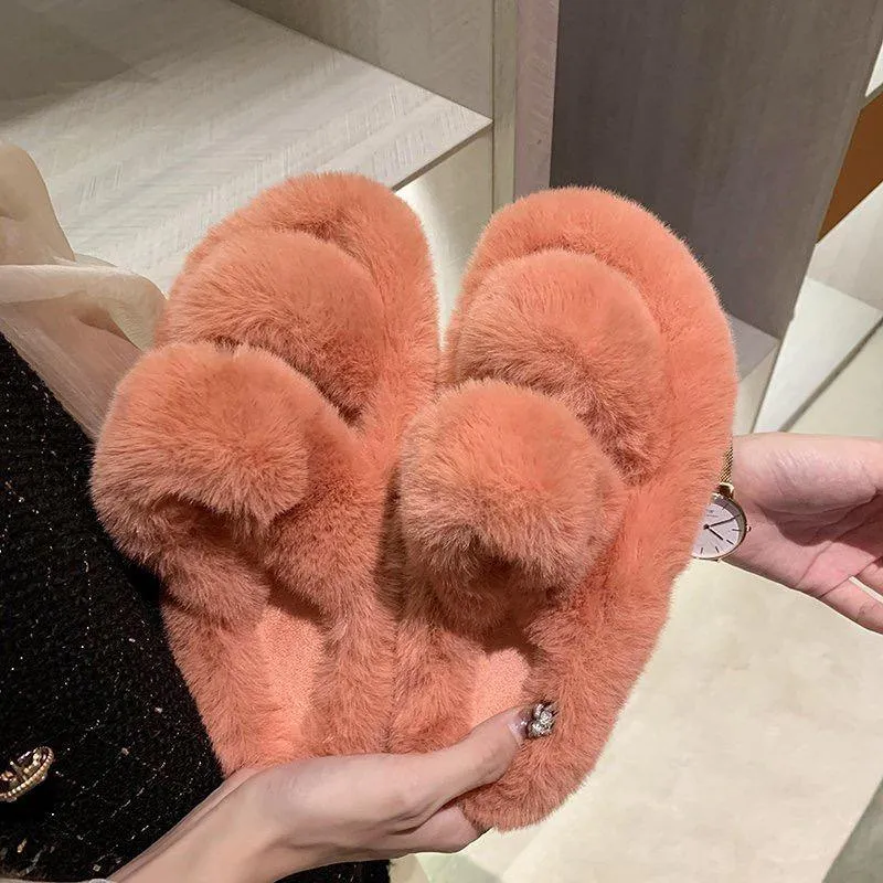 Winter Double Strap Fluffy Slippers