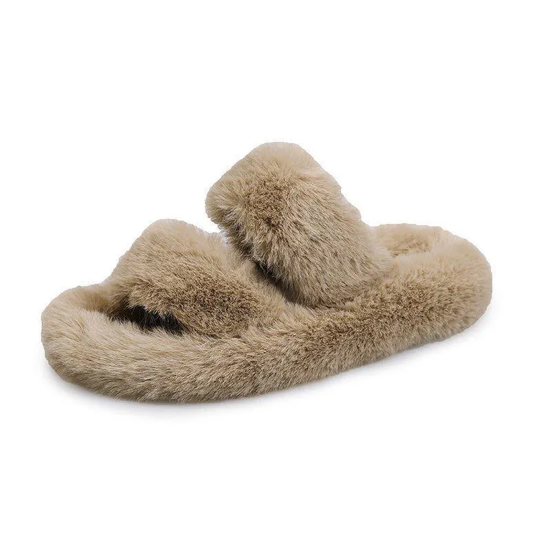 Winter Double Strap Fluffy Slippers