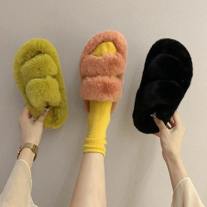 Winter Double Strap Fluffy Slippers