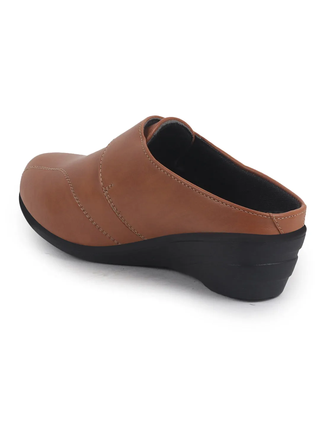 Women Tan Back Open Formal Slip On Flatform Heel Wedges with Hook and Loop|Adjustable Strap Shoes|Office Meetings