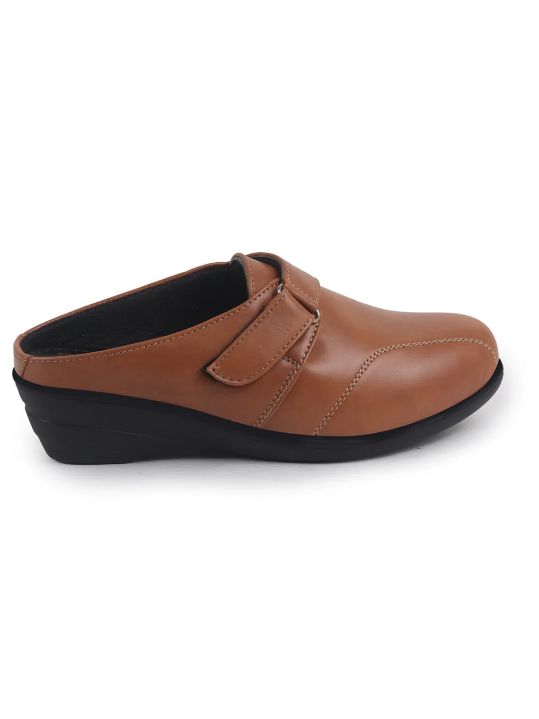 Women Tan Back Open Formal Slip On Flatform Heel Wedges with Hook and Loop|Adjustable Strap Shoes|Office Meetings