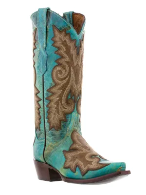 Women's Ancona Turquoise Overlay Leather Cowgirl Boots Snip Toe