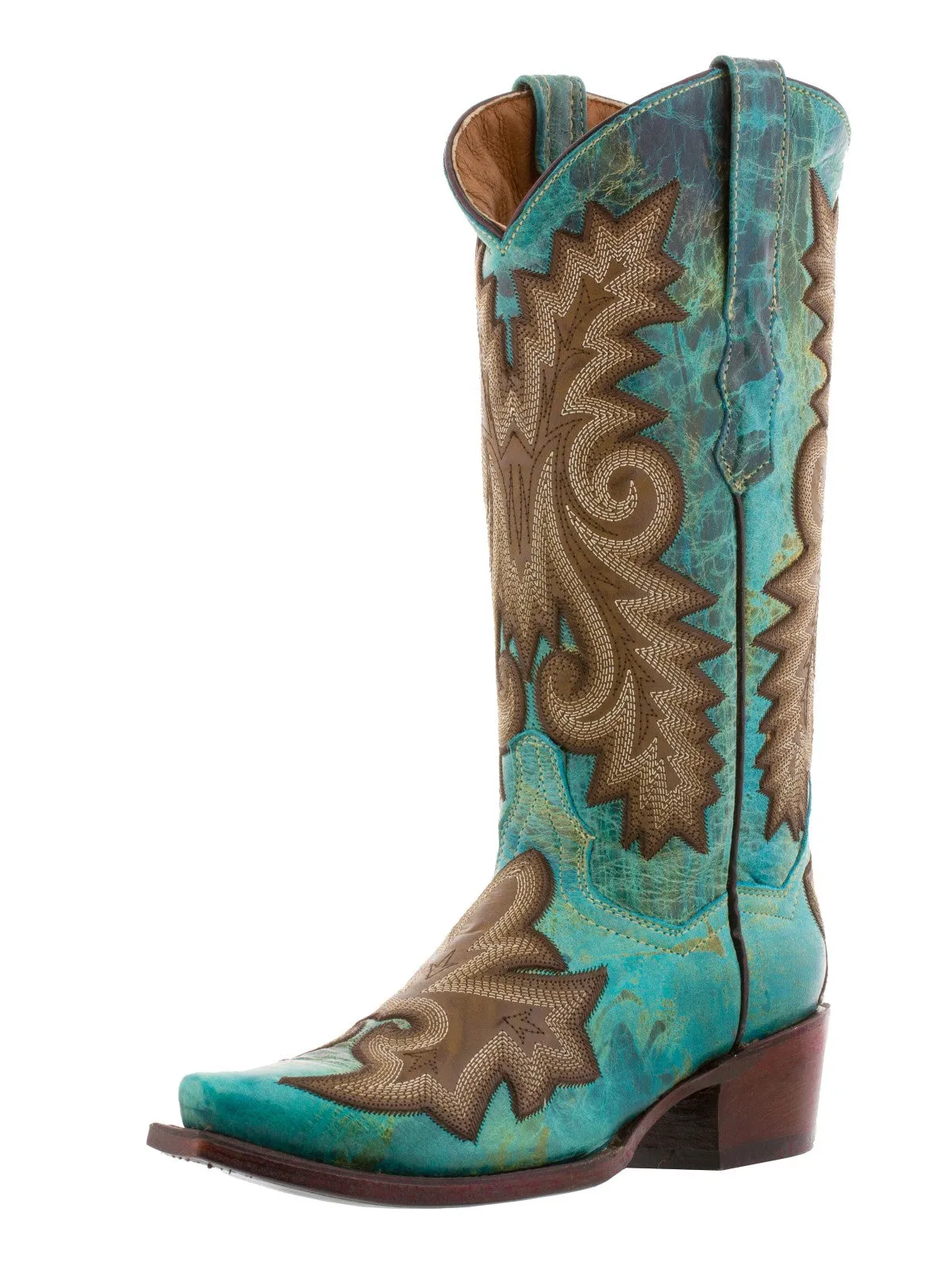 Women's Ancona Turquoise Overlay Leather Cowgirl Boots Snip Toe