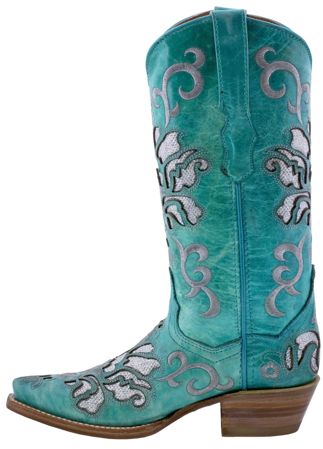 Women's Arabe Turquoise Inlay Fashion Leather Cowgirl Boots - Snip Toe