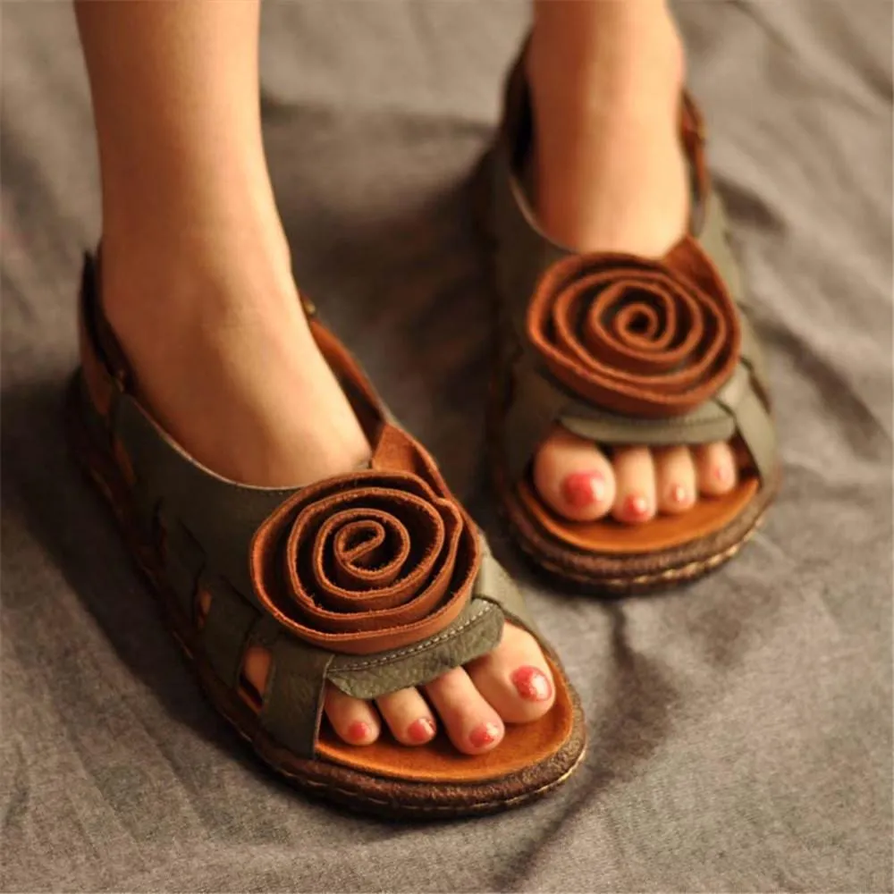 Women's Leather Hollow Sandals Flat with Handmade Flower